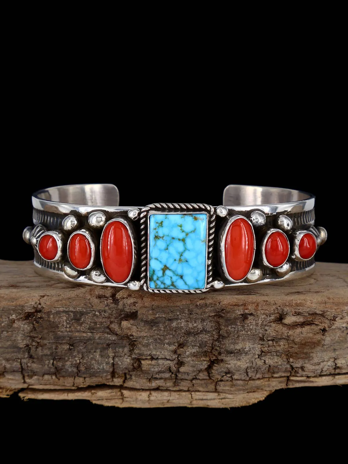 Native American Jewelry Kingman Turquoise and Natural Mediterranean Coral Cuff Bracelet