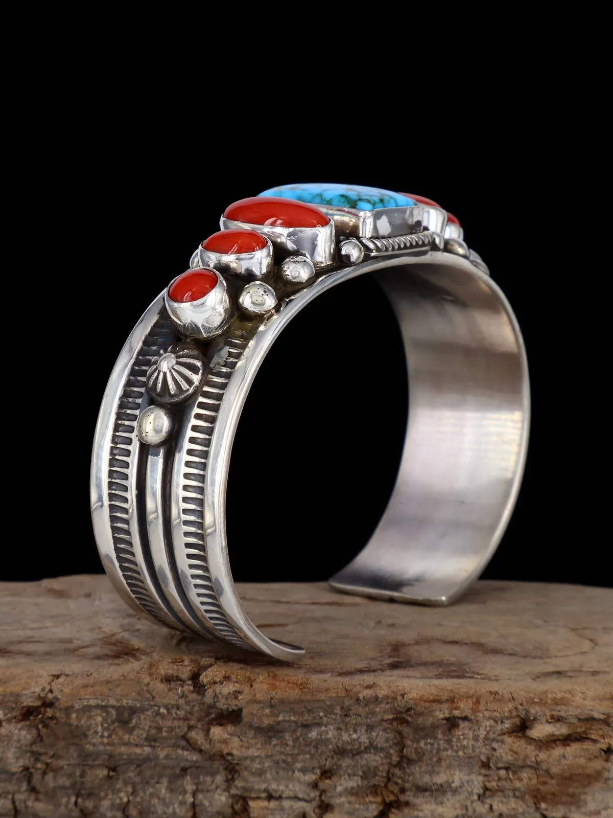 Native American Jewelry Kingman Turquoise and Natural Mediterranean Coral Cuff Bracelet