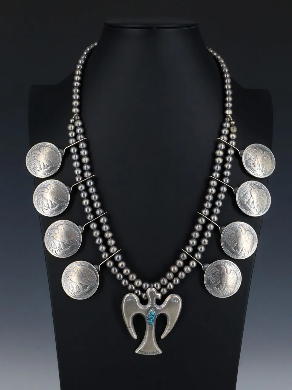 Native American Jewelry Turquoise Thunderbird Squash Style Necklace