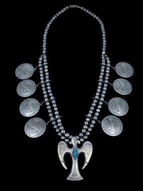 Native American Jewelry Turquoise Thunderbird Squash Style Necklace