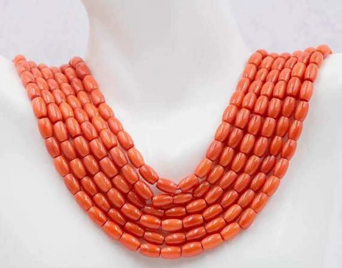 Natural Coral Beads Necklace Jewelry Coral Beads Necklace Coral Gemstone Orange CORAL Strand Barrel 8x5mm 15-16 Inches SKU:108917