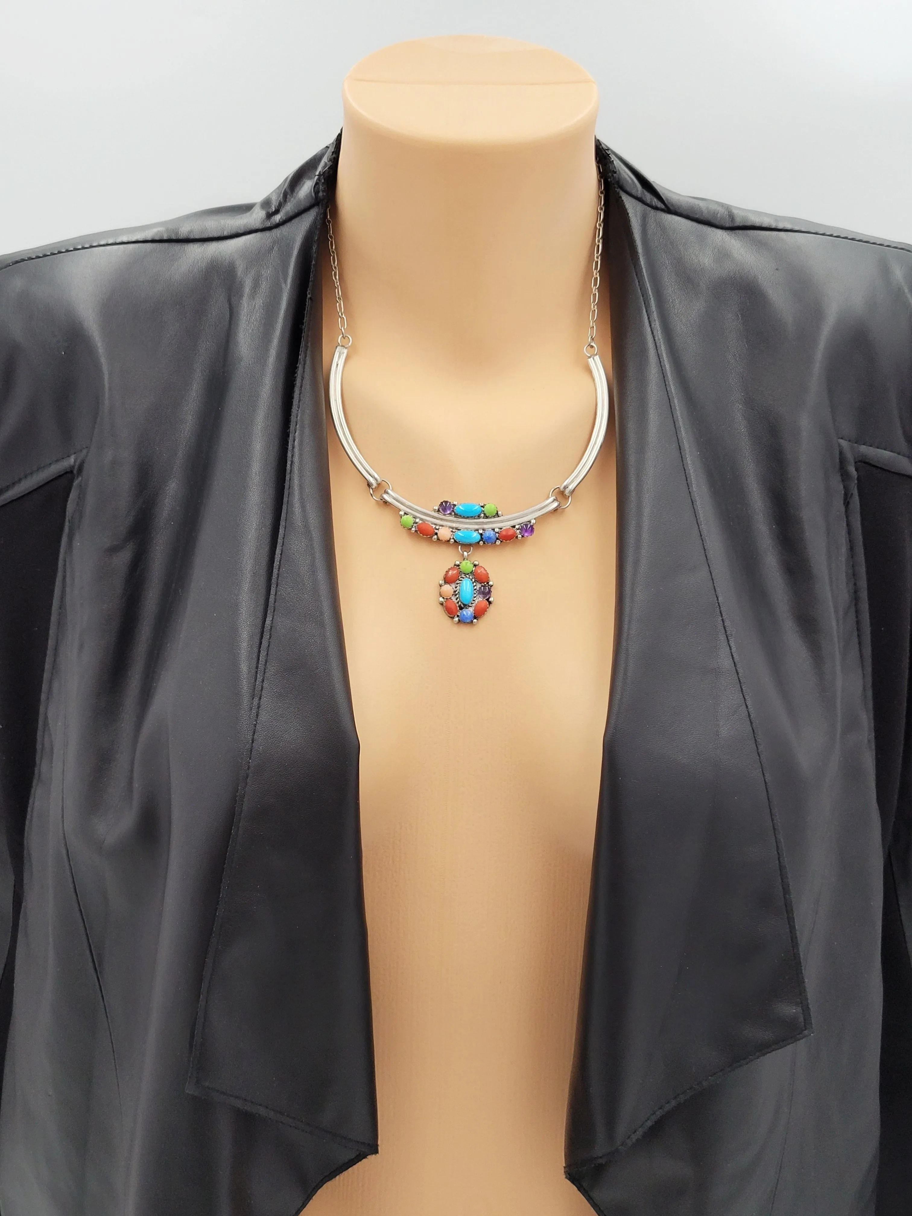 NAVAJO Elizabeth Etsitty Sterling Multi-Precious Stone Large Statement Necklace