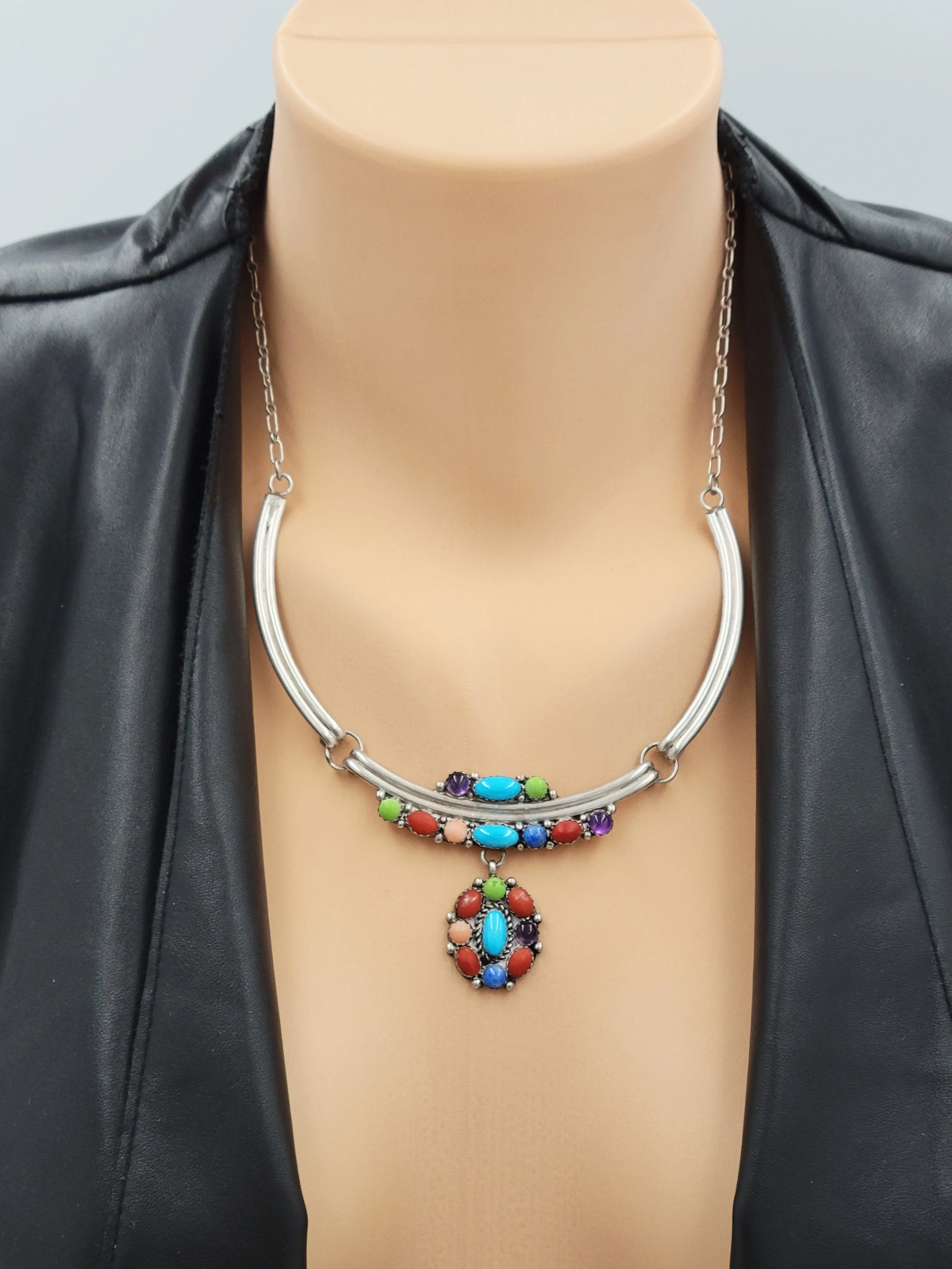 NAVAJO Elizabeth Etsitty Sterling Multi-Precious Stone Large Statement Necklace