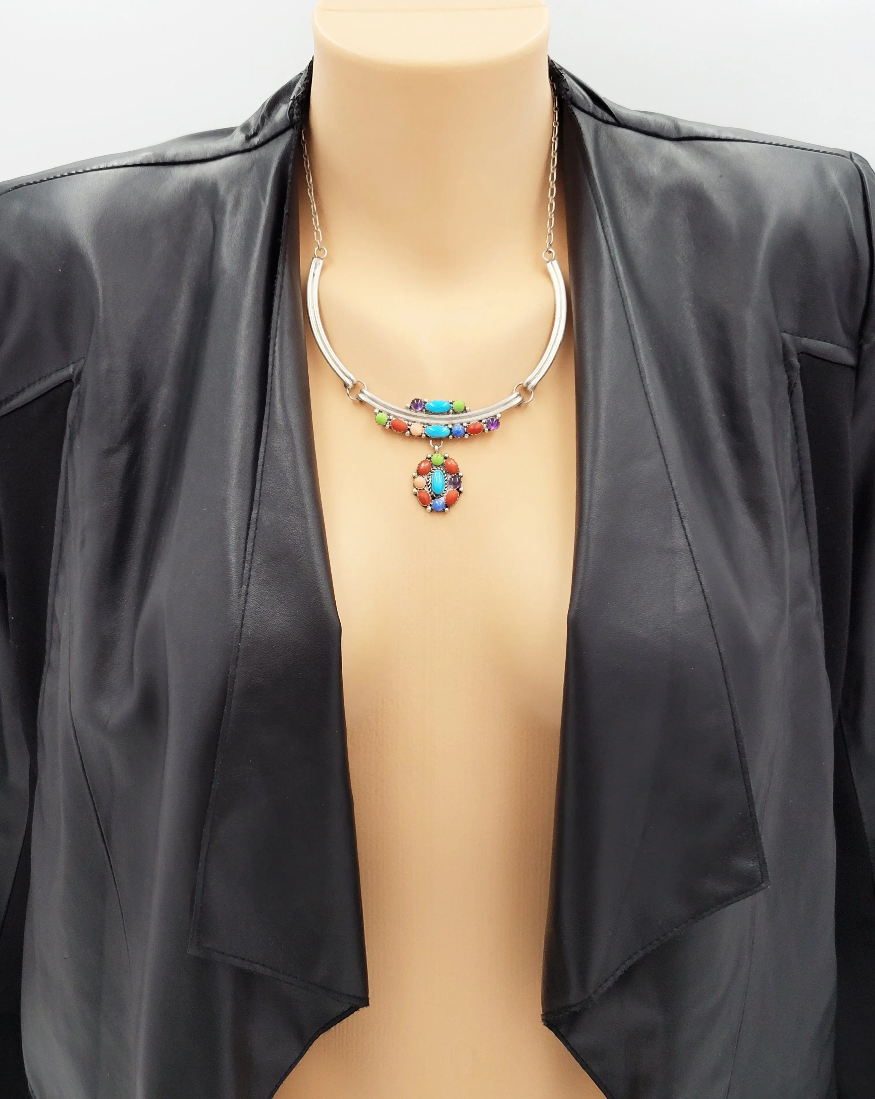 NAVAJO Elizabeth Etsitty Sterling Multi-Precious Stone Large Statement Necklace