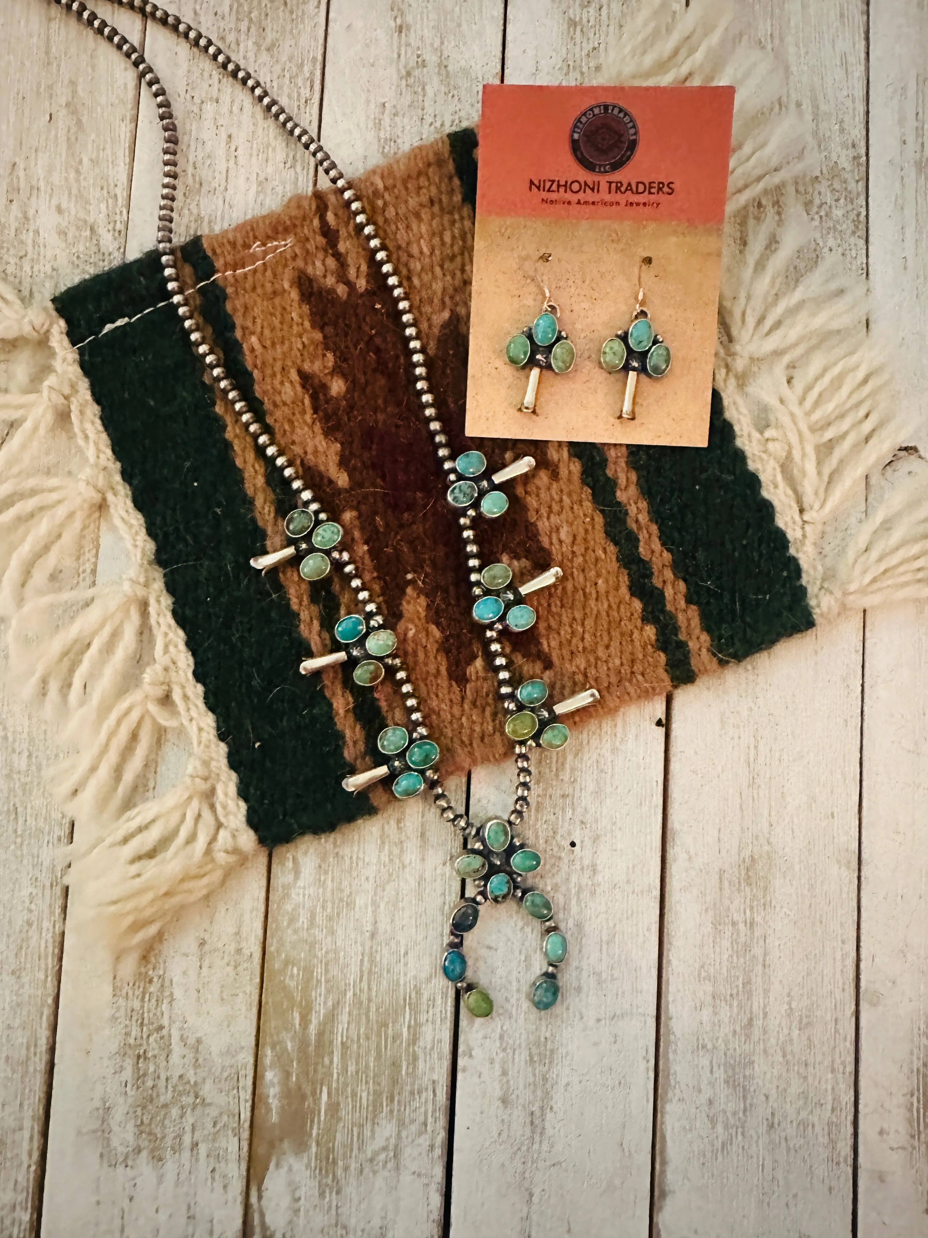Navajo Sterling Silver & Turquoise Beaded Squash Blossom Necklace Set