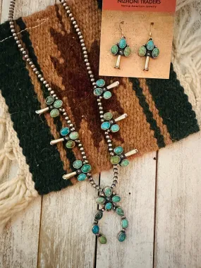 Navajo Sterling Silver & Turquoise Beaded Squash Blossom Necklace Set
