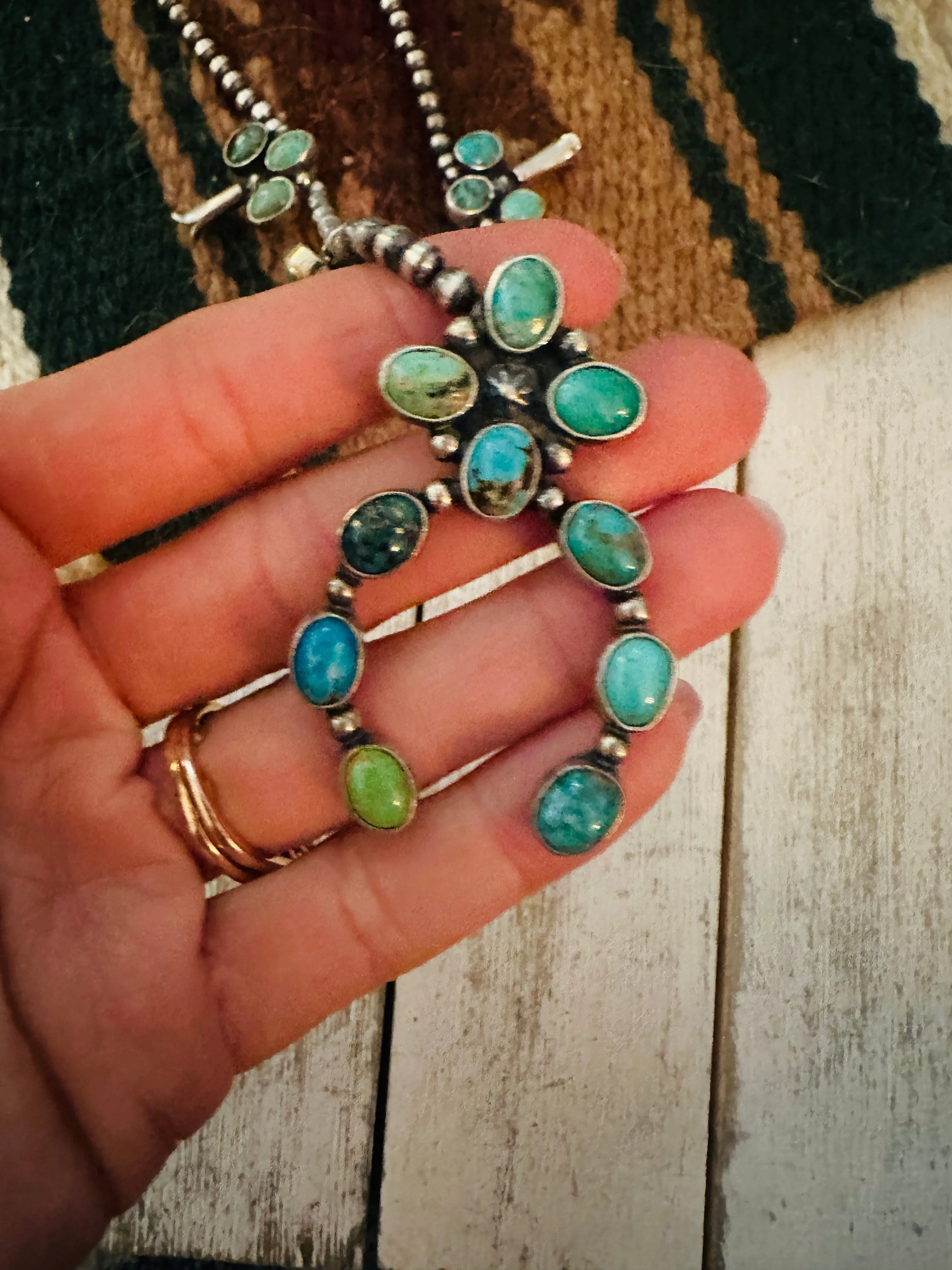 Navajo Sterling Silver & Turquoise Beaded Squash Blossom Necklace Set