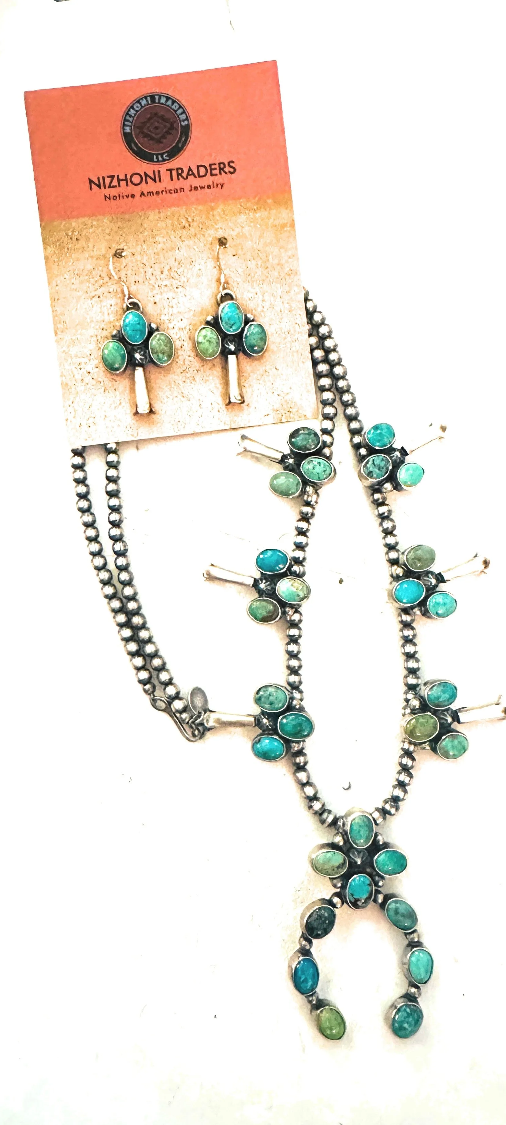 Navajo Sterling Silver & Turquoise Beaded Squash Blossom Necklace Set