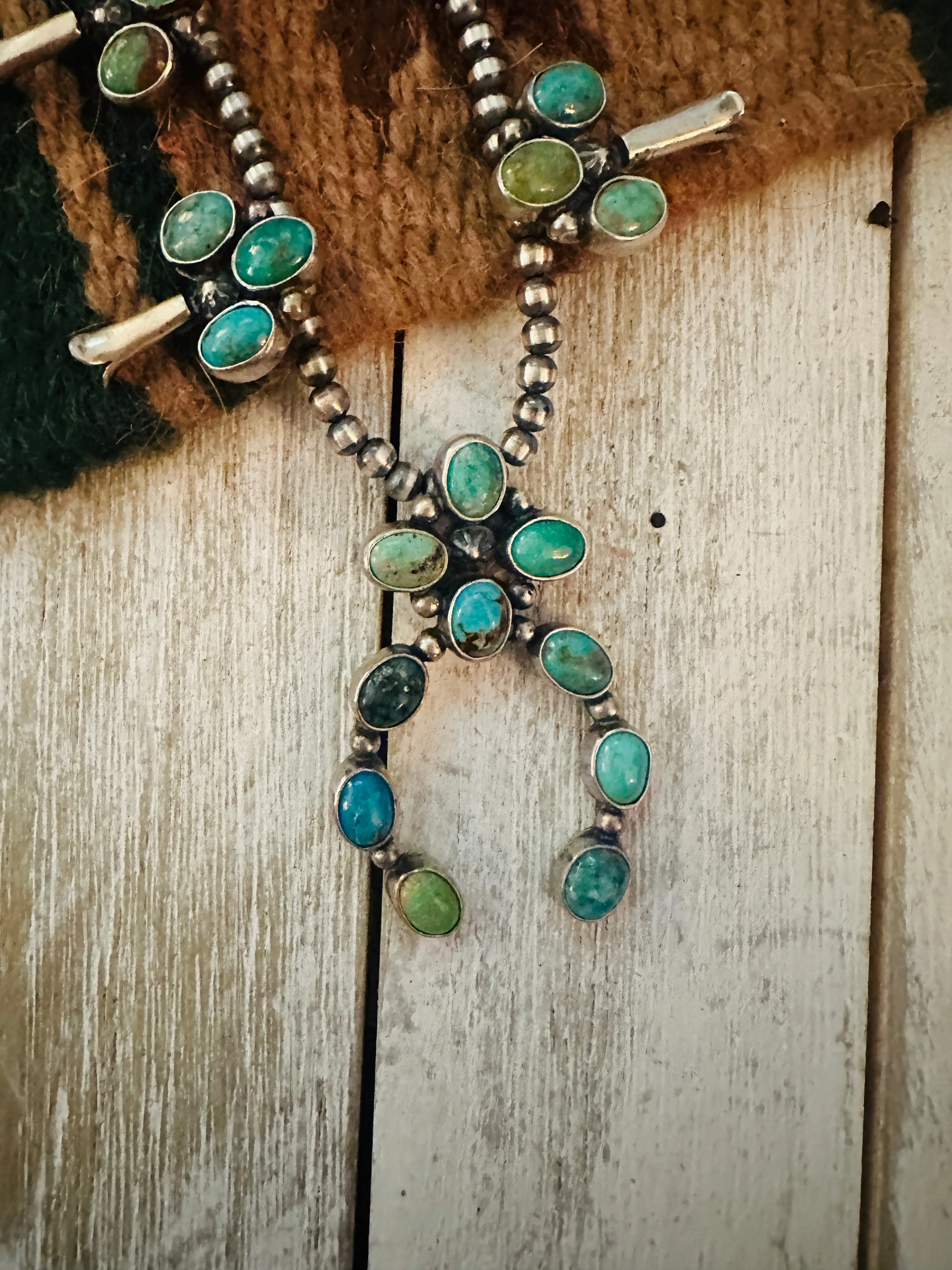 Navajo Sterling Silver & Turquoise Beaded Squash Blossom Necklace Set
