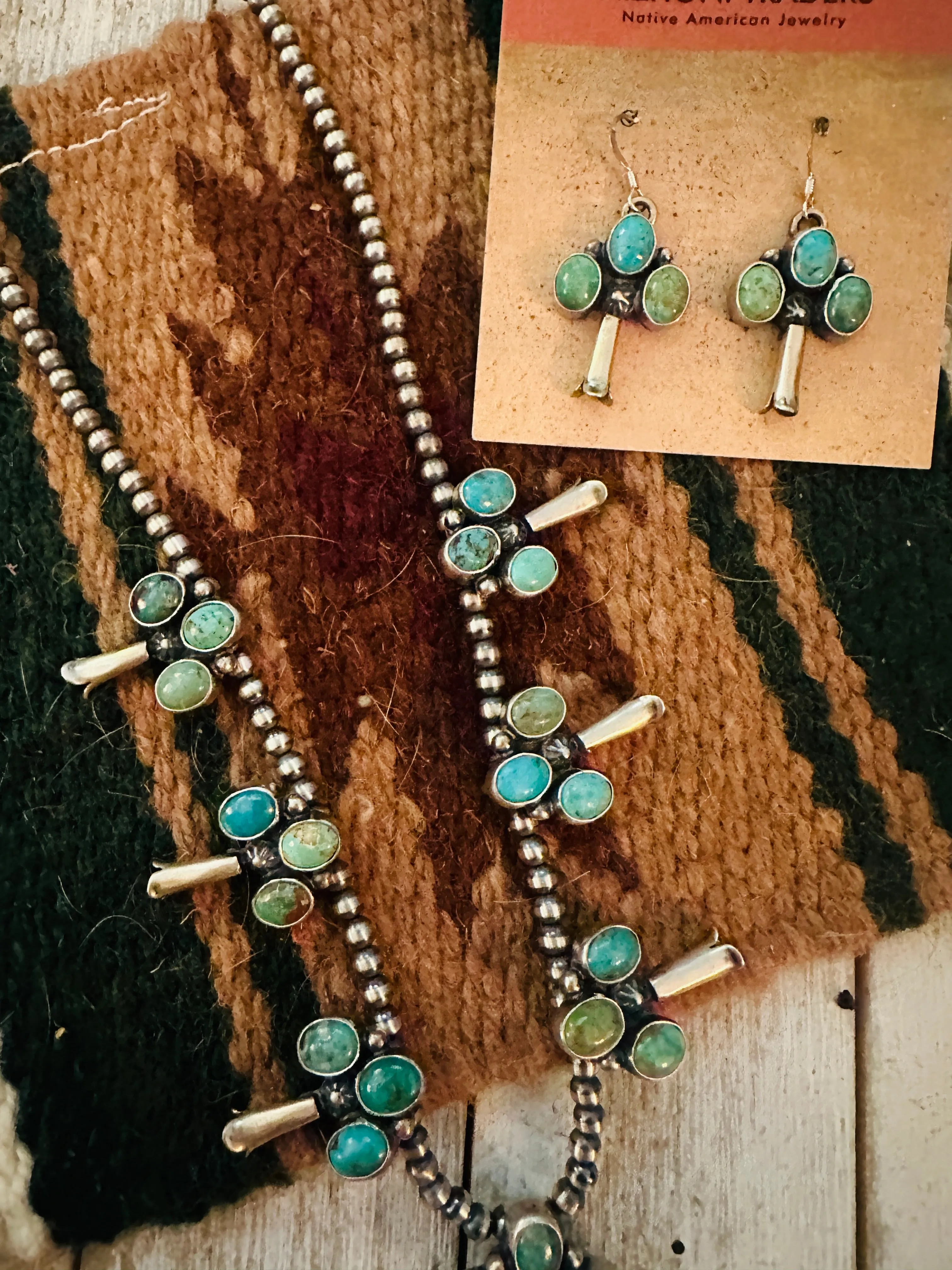 Navajo Sterling Silver & Turquoise Beaded Squash Blossom Necklace Set