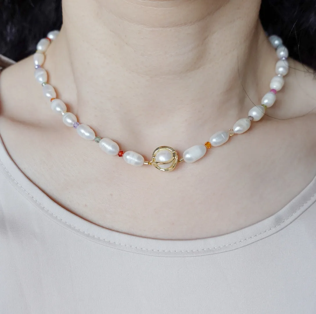 Pearl Necklace with Colorful Zirconia