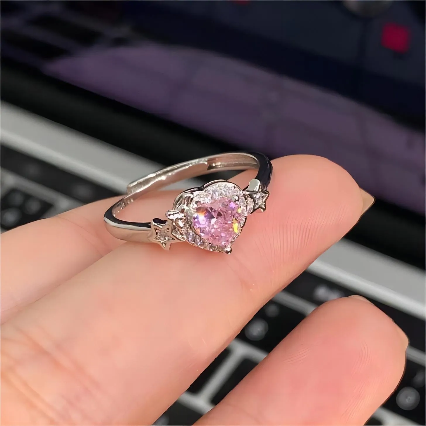 Pink Adjustable Crystal Star Heart Ring