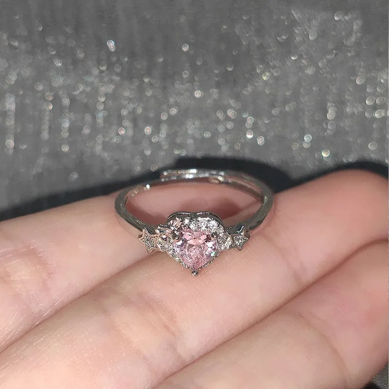 Pink Adjustable Crystal Star Heart Ring