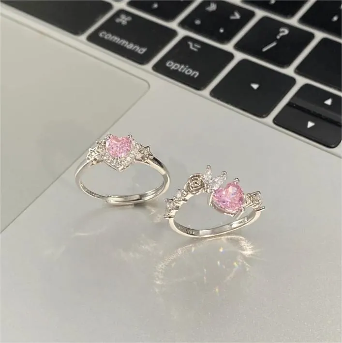 Pink Adjustable Crystal Star Heart Ring