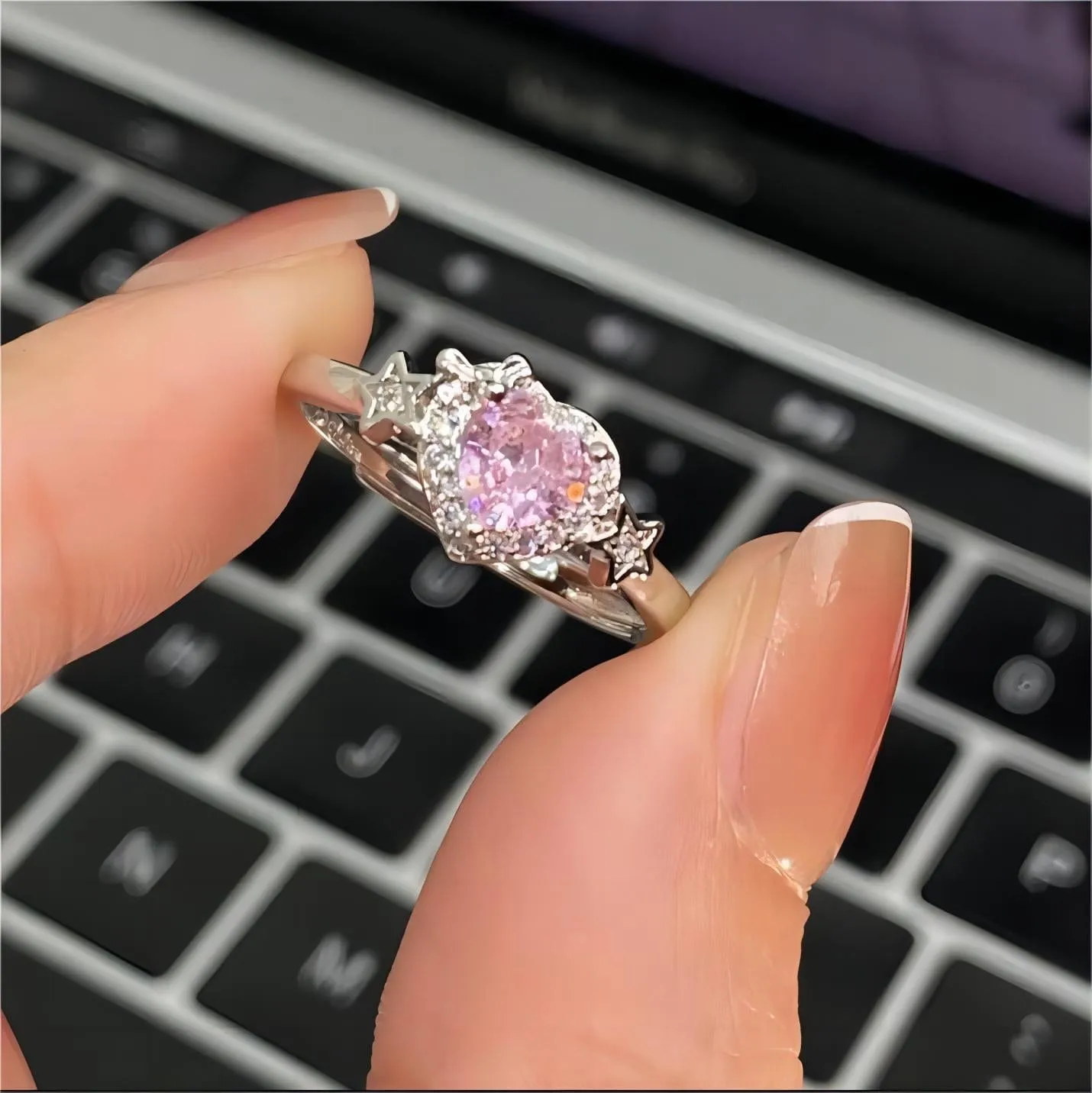 Pink Adjustable Crystal Star Heart Ring