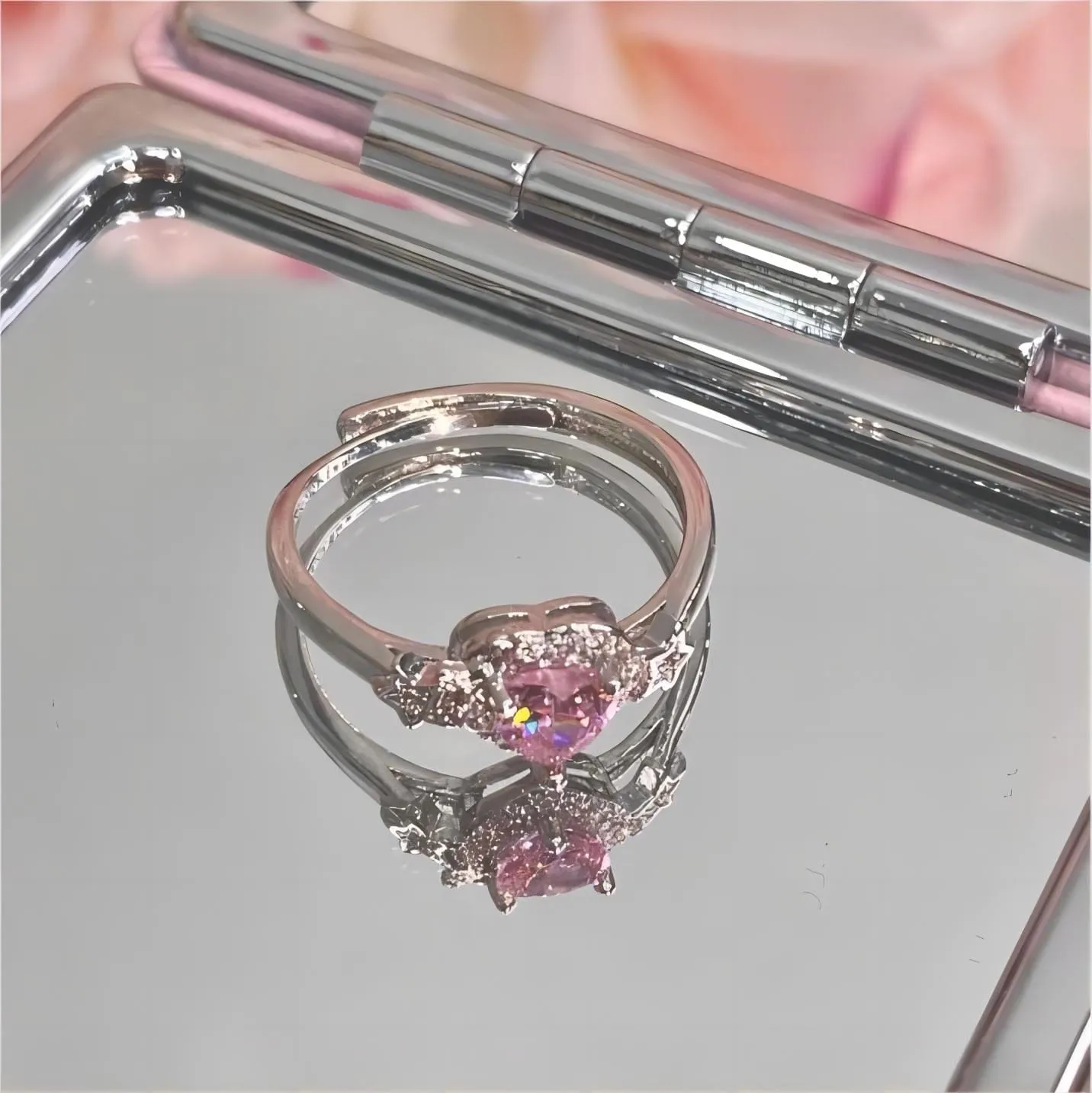 Pink Adjustable Crystal Star Heart Ring