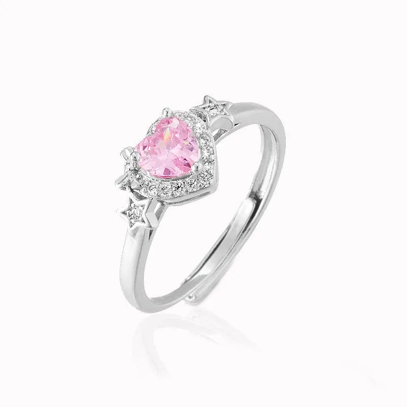 Pink Adjustable Crystal Star Heart Ring