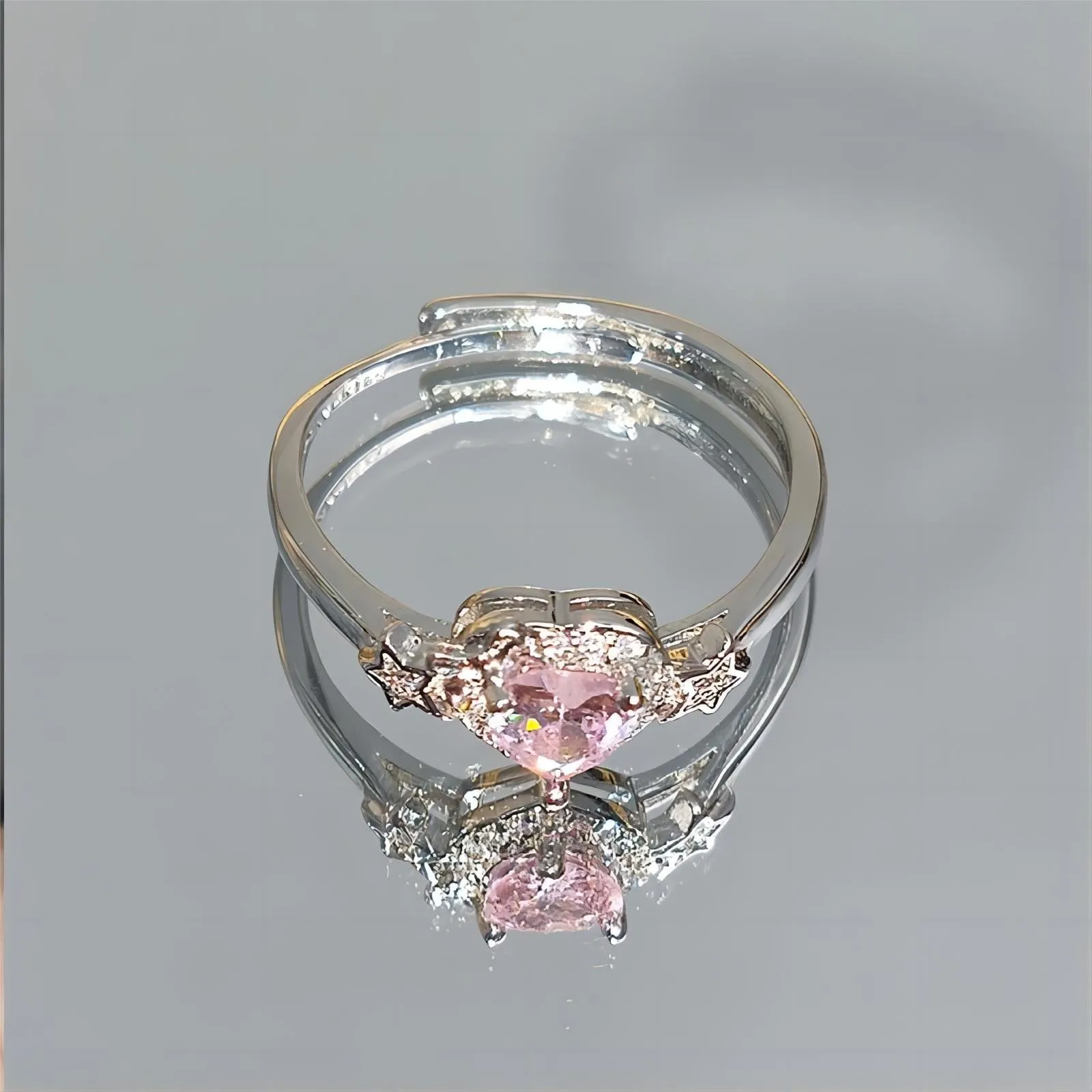 Pink Adjustable Crystal Star Heart Ring
