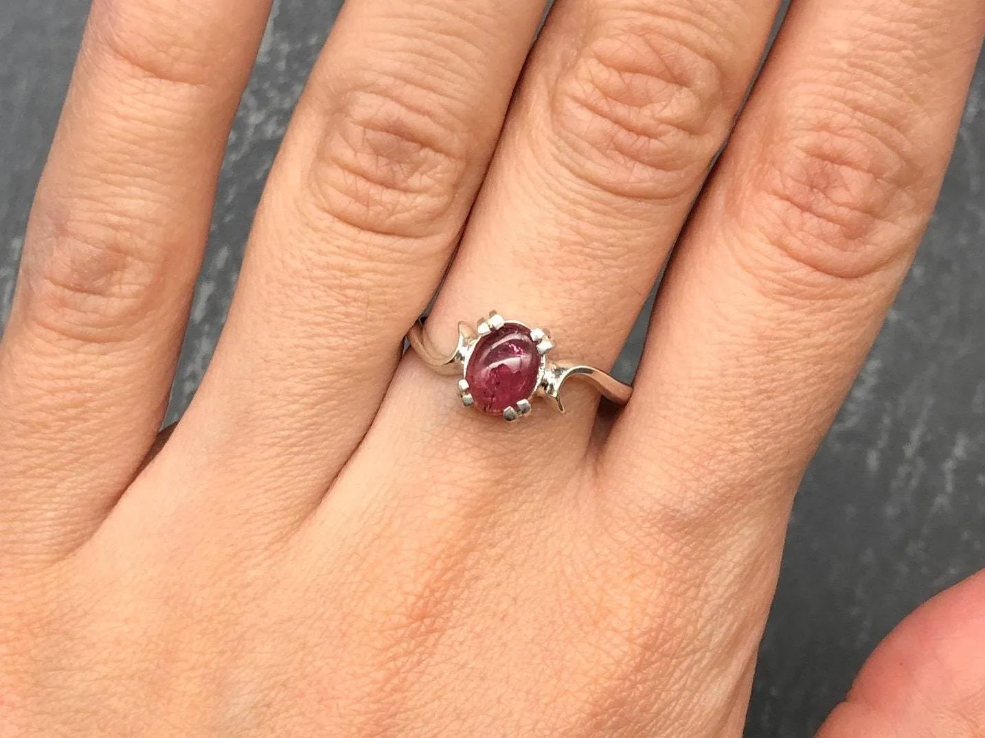 Pink Tourmaline Ring - Pink Solitaire Ring - Silver Wave Band