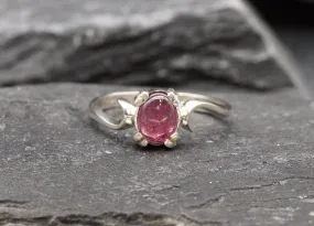 Pink Tourmaline Ring - Pink Solitaire Ring - Silver Wave Band