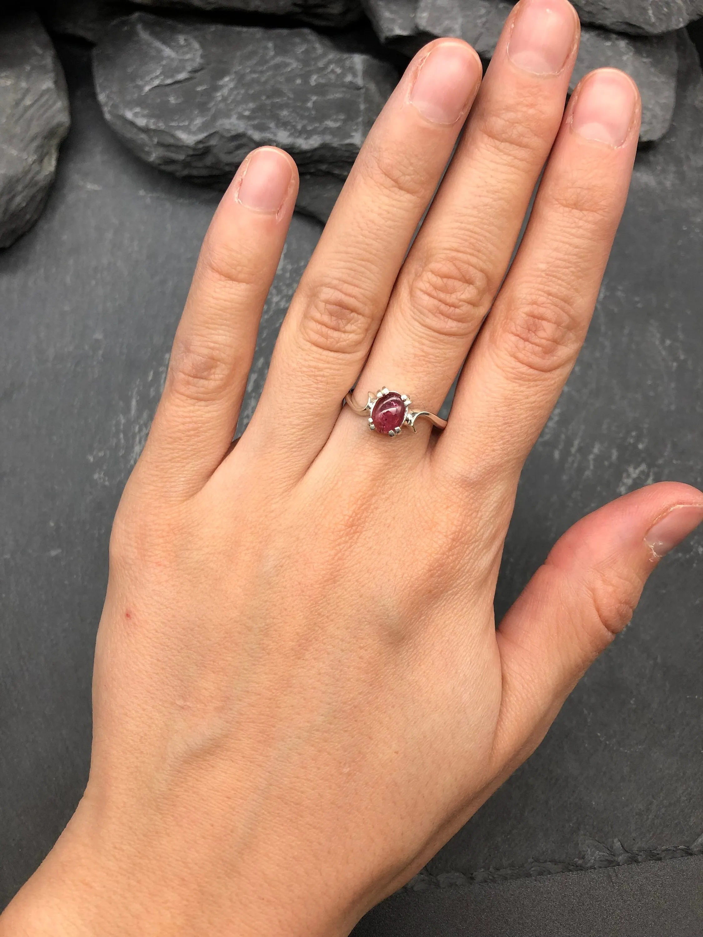 Pink Tourmaline Ring - Pink Solitaire Ring - Silver Wave Band