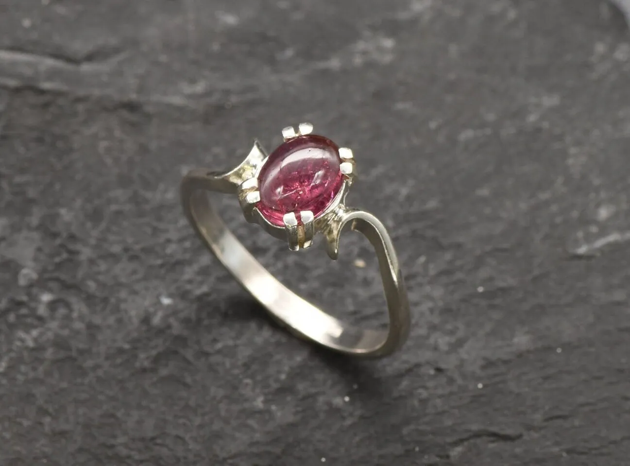 Pink Tourmaline Ring - Pink Solitaire Ring - Silver Wave Band