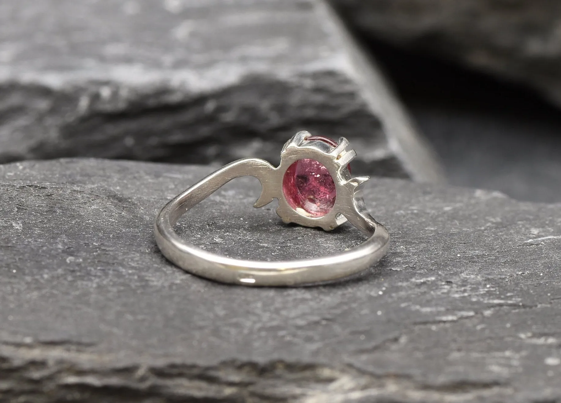 Pink Tourmaline Ring - Pink Solitaire Ring - Silver Wave Band
