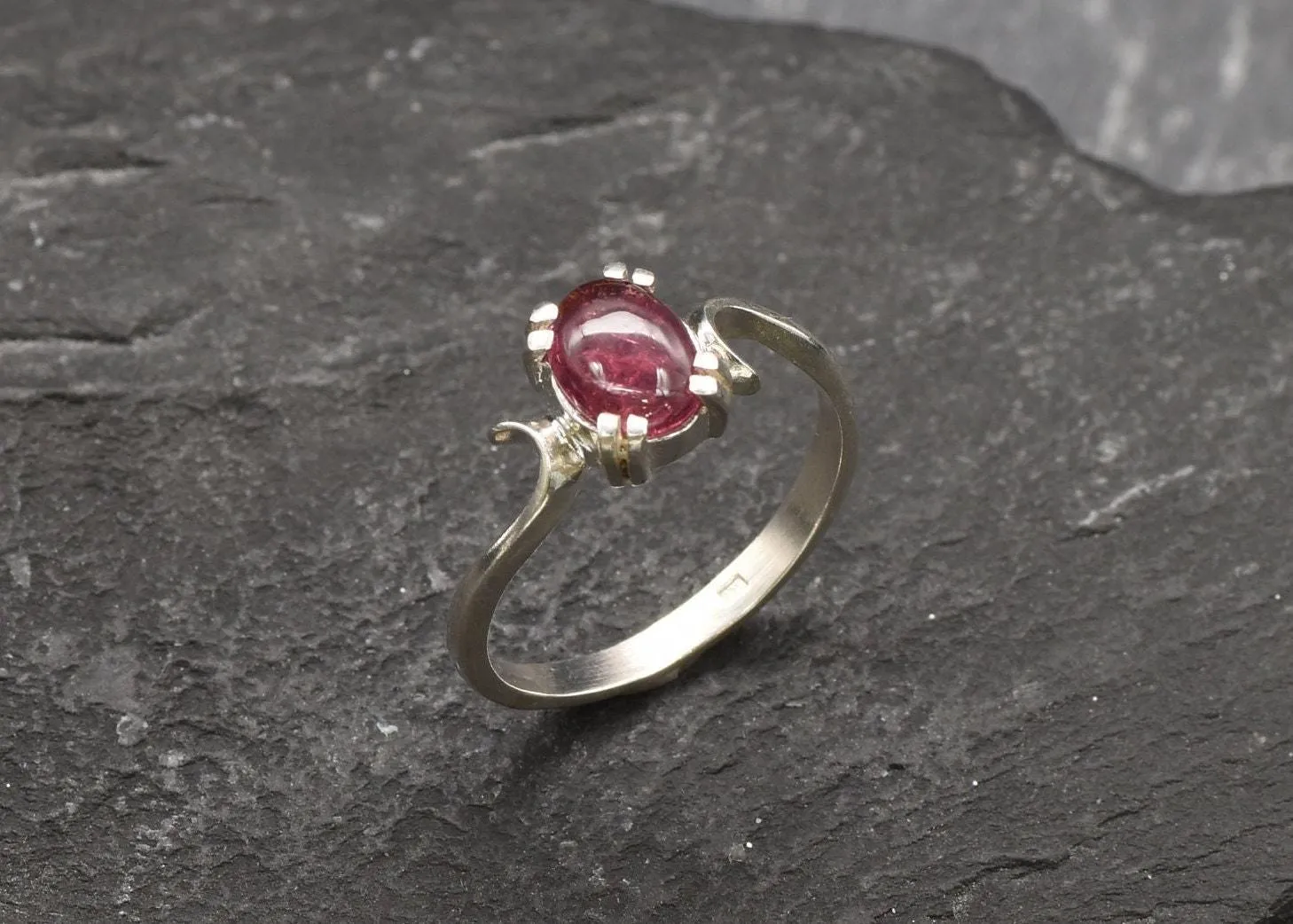 Pink Tourmaline Ring - Pink Solitaire Ring - Silver Wave Band