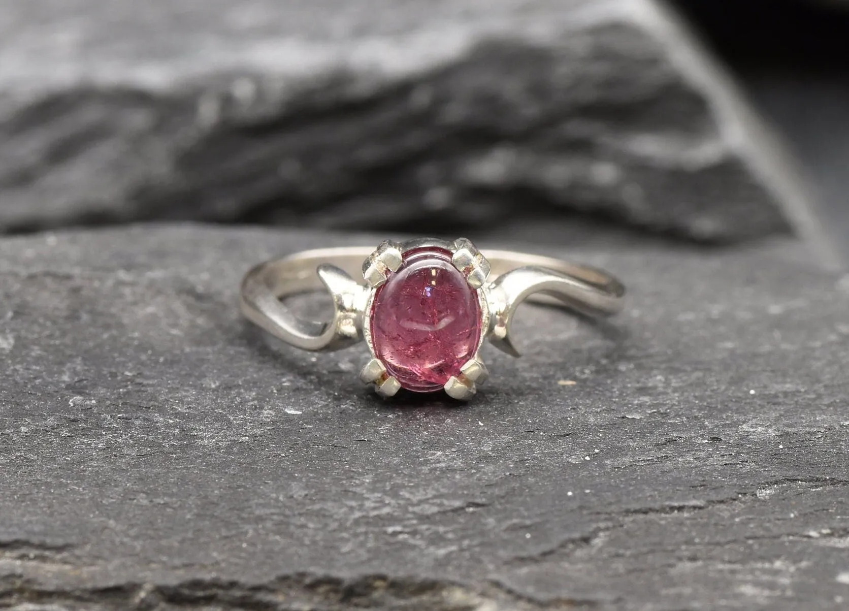 Pink Tourmaline Ring - Pink Solitaire Ring - Silver Wave Band