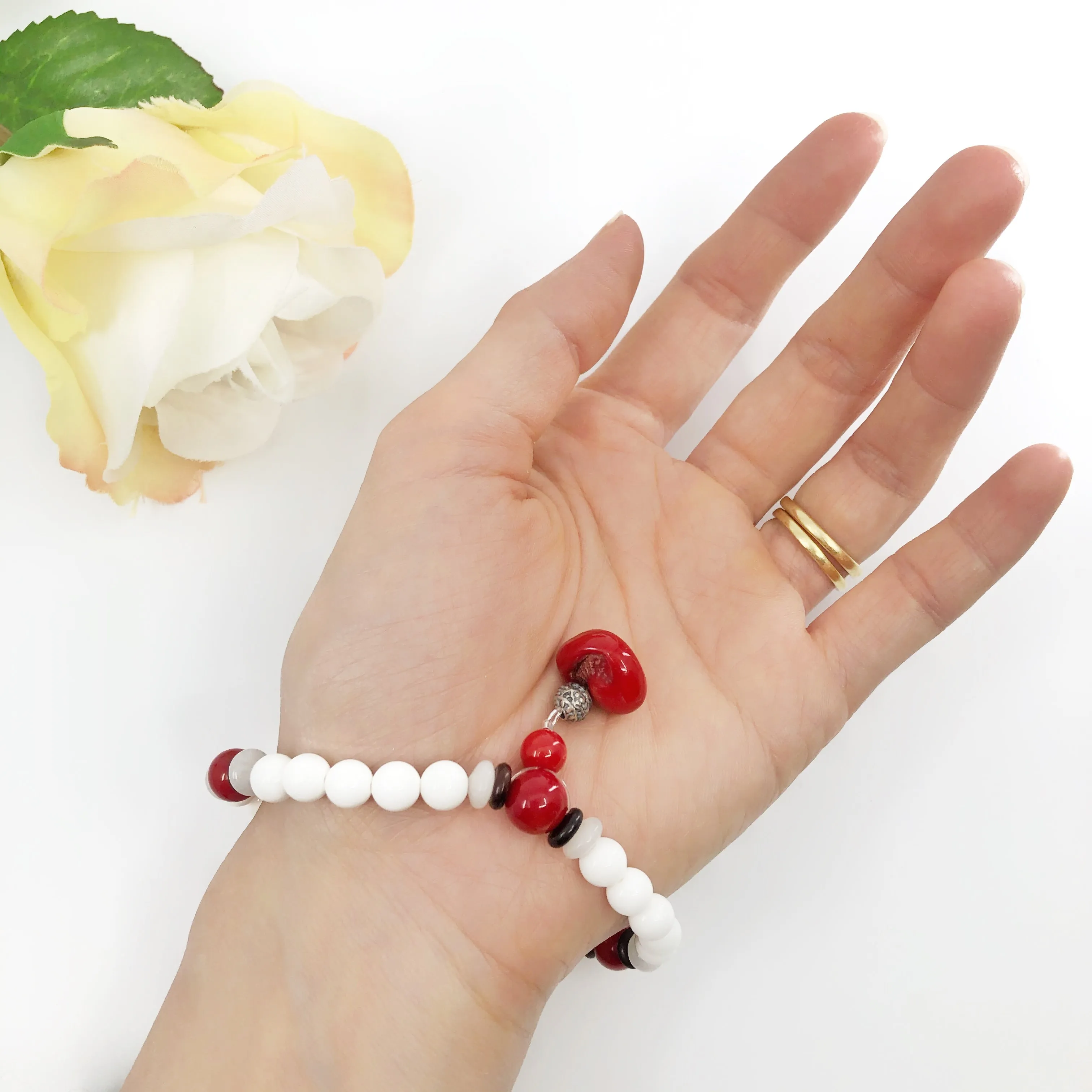 Plum Blossom Beaded Red Coral Bracelet