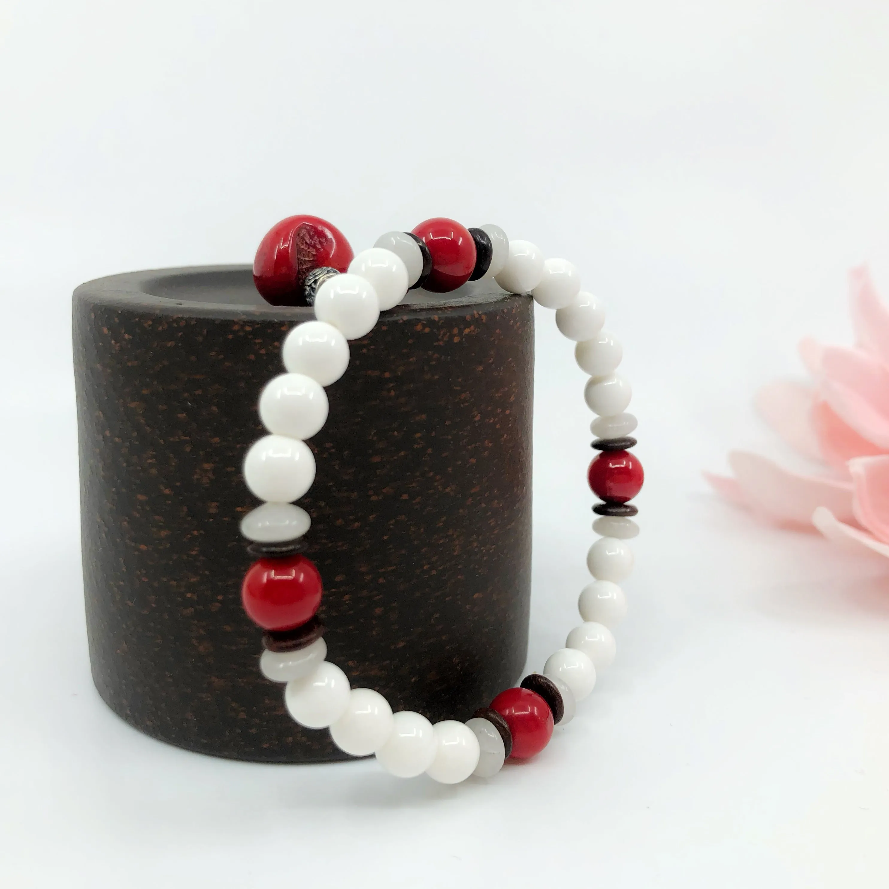 Plum Blossom Beaded Red Coral Bracelet