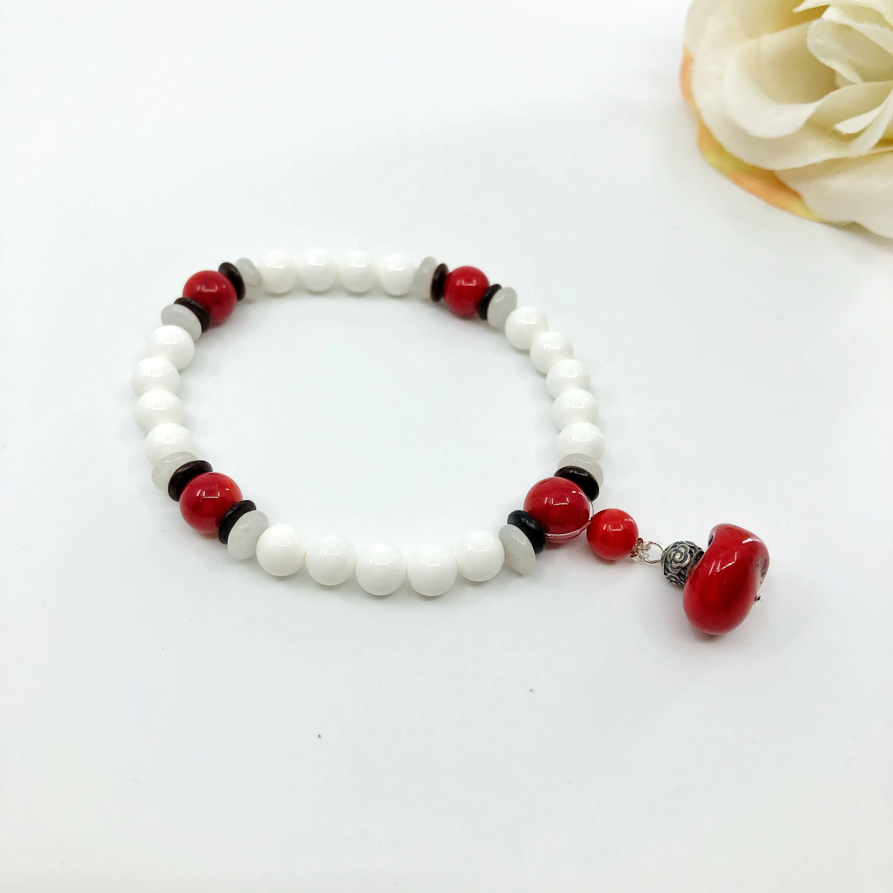 Plum Blossom Beaded Red Coral Bracelet