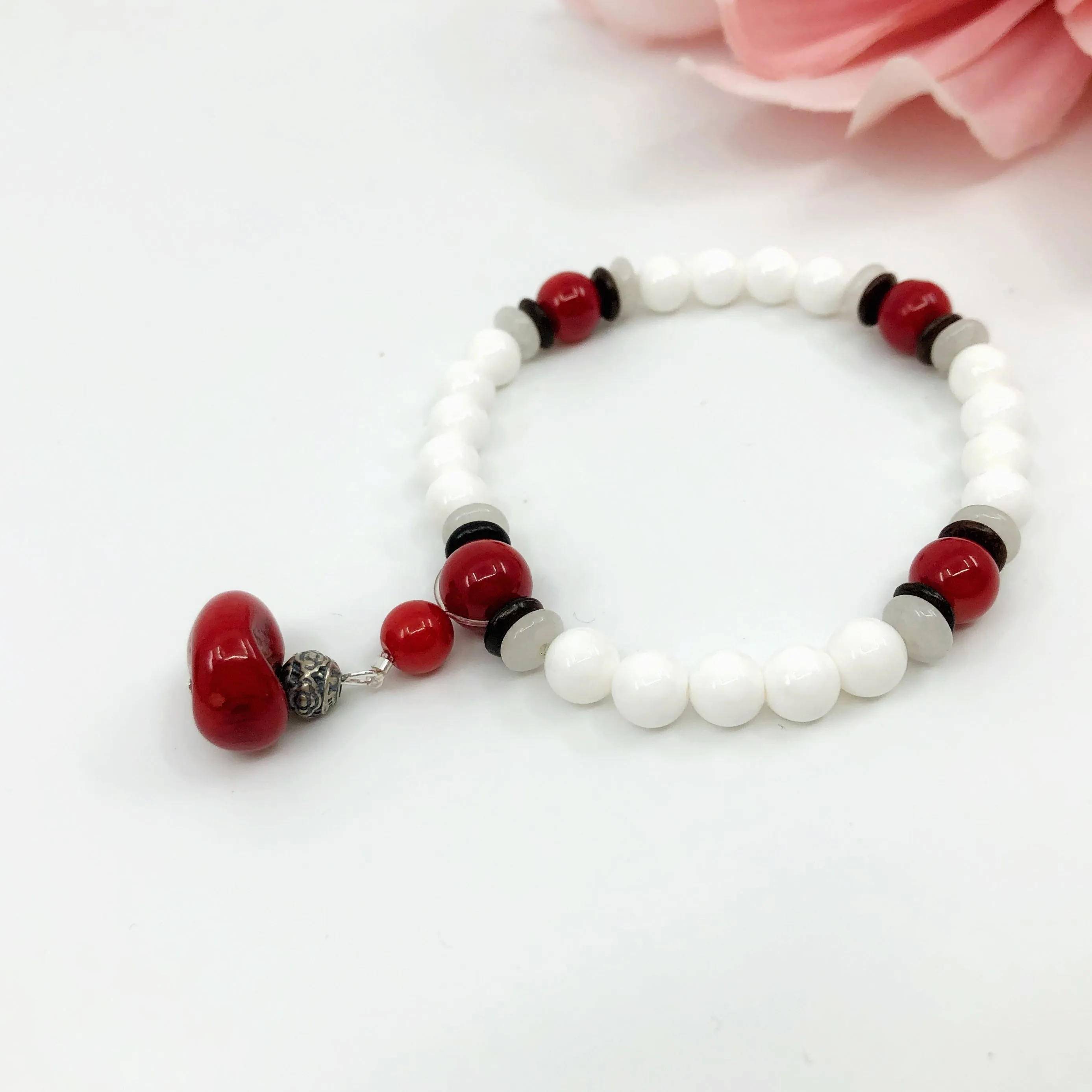 Plum Blossom Beaded Red Coral Bracelet