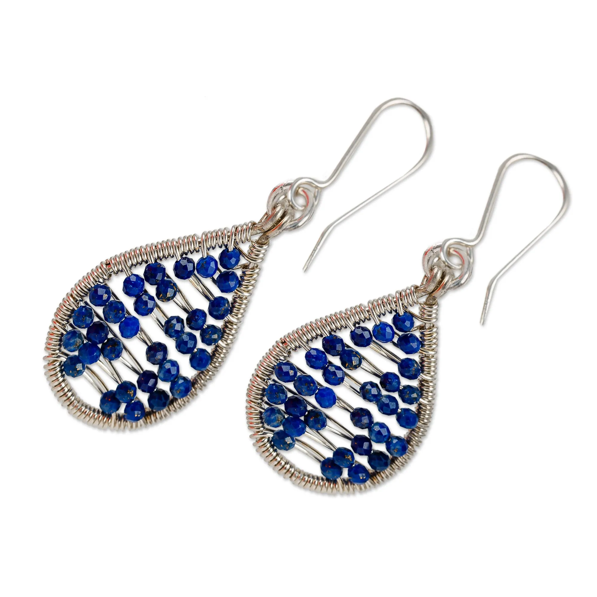 Polished Drop-Shaped Lapis Lazuli Beaded Dangle Earrings - Sky's Intellect | NOVICA