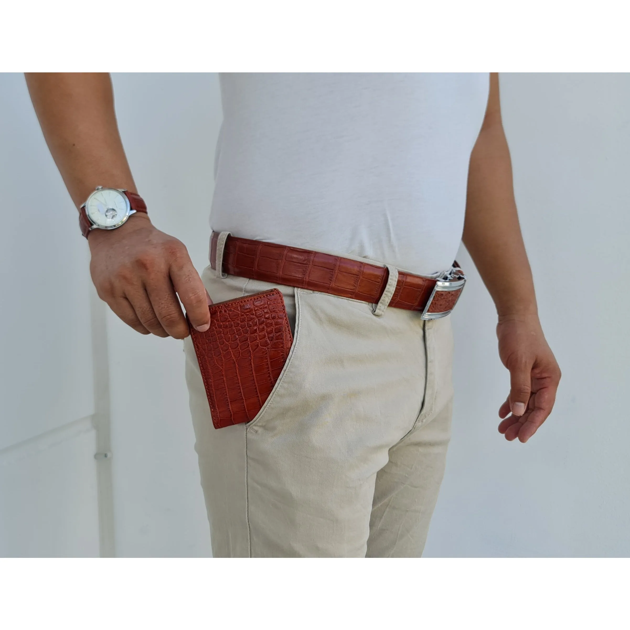 Premium Brown Alligator Leather Belt For Men - Automatic Buckle | BE-BRO-06