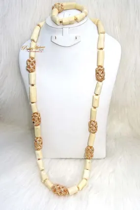 PrestigeApplause Men White Coral with Gold Accessories Beads Groom Wedding Party Necklace Bracelet Jewellery Set