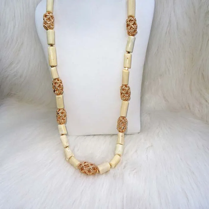 PrestigeApplause Men White Coral with Gold Accessories Beads Groom Wedding Party Necklace Bracelet Jewellery Set