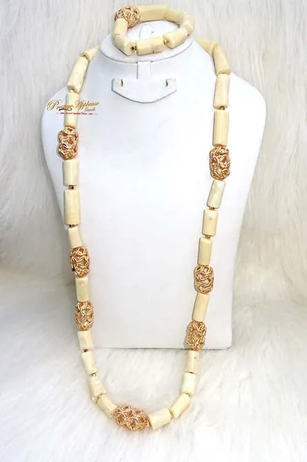 PrestigeApplause Men White Coral with Gold Accessories Beads Groom Wedding Party Necklace Bracelet Jewellery Set
