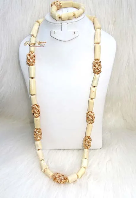PrestigeApplause Men White Coral with Gold Accessories Beads Groom Wedding Party Necklace Bracelet Jewellery Set