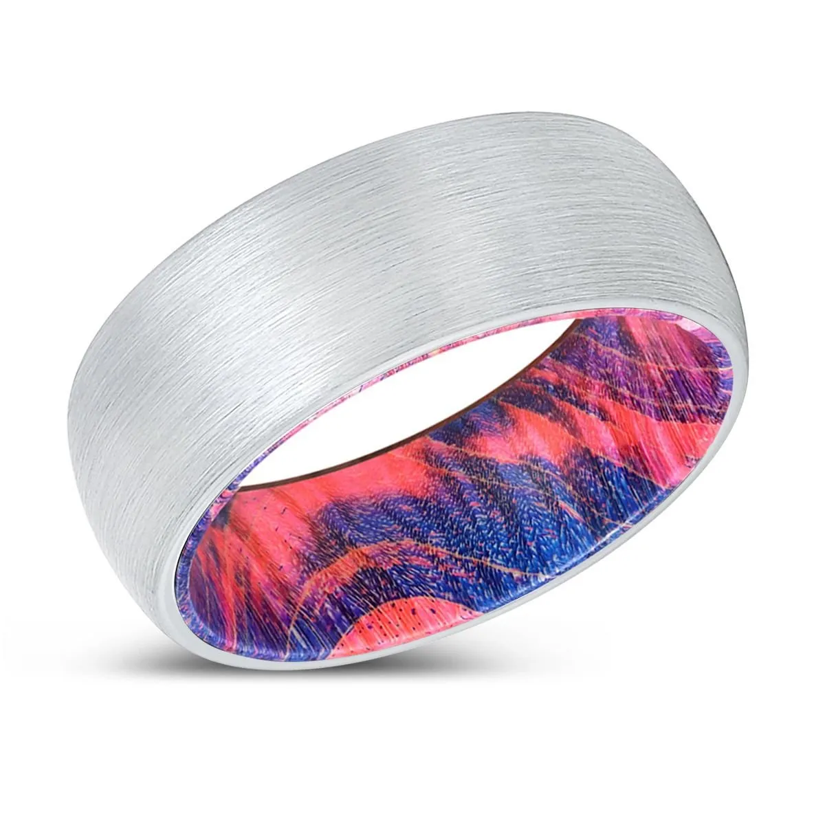 PRIMEVAL | Blue & Red Wood, White Tungsten Ring, Brushed, Domed