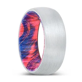 PRIMEVAL | Blue & Red Wood, White Tungsten Ring, Brushed, Domed
