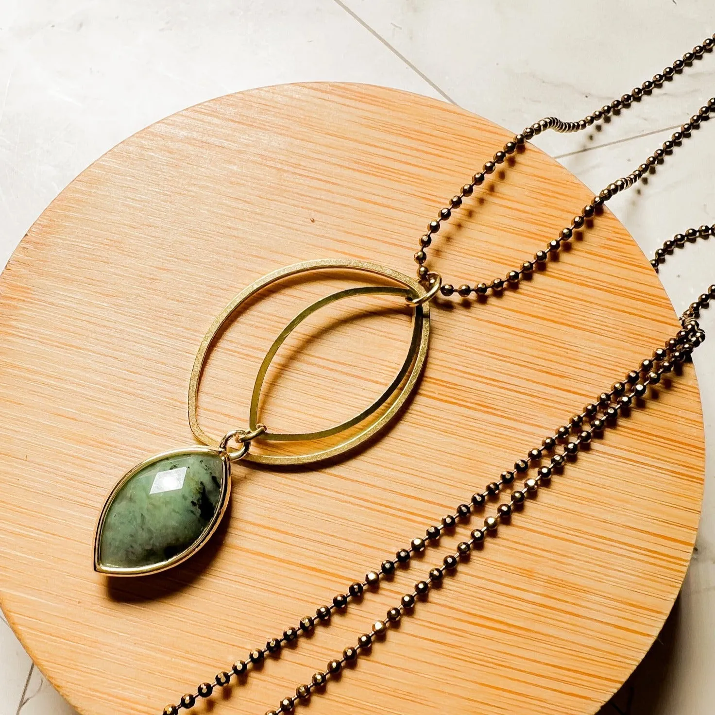 Rajah: Long Triple Marquise Necklace - Tiger Eye, Labradorite, or Turquoise Gemstone