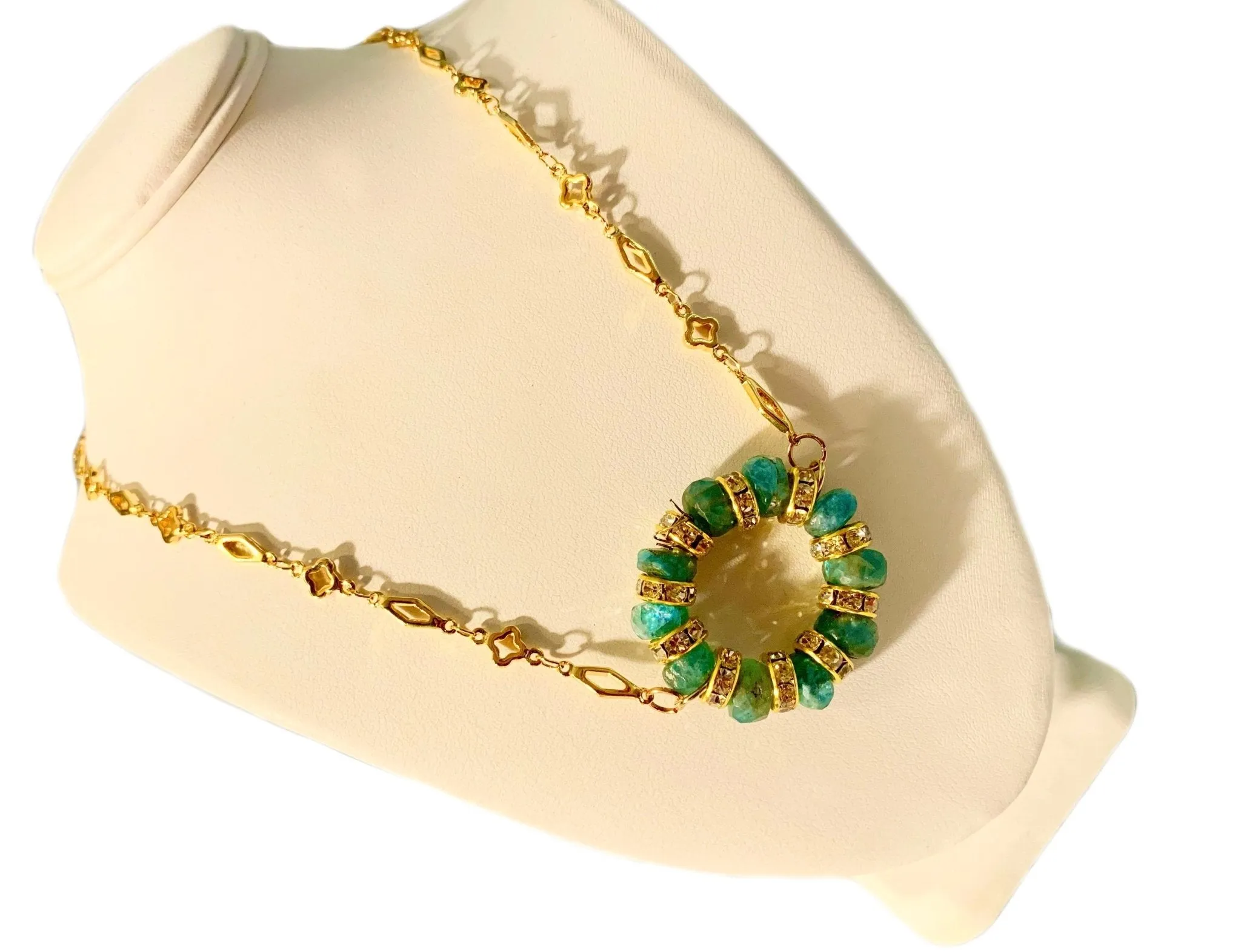Sadiya- Handmade Genuine Amazonite Pendant on Gold Plated Moroccan Pattern Chain