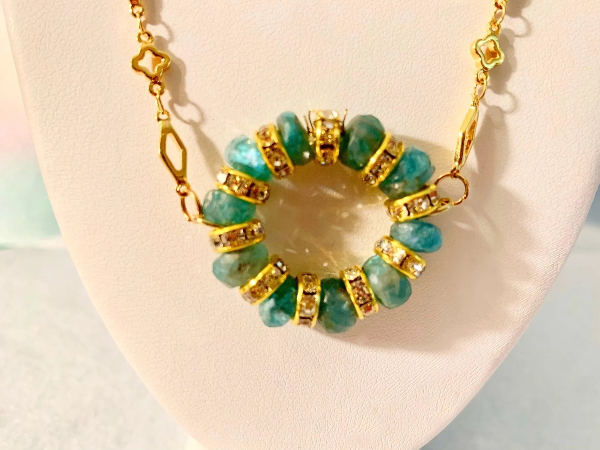 Sadiya- Handmade Genuine Amazonite Pendant on Gold Plated Moroccan Pattern Chain