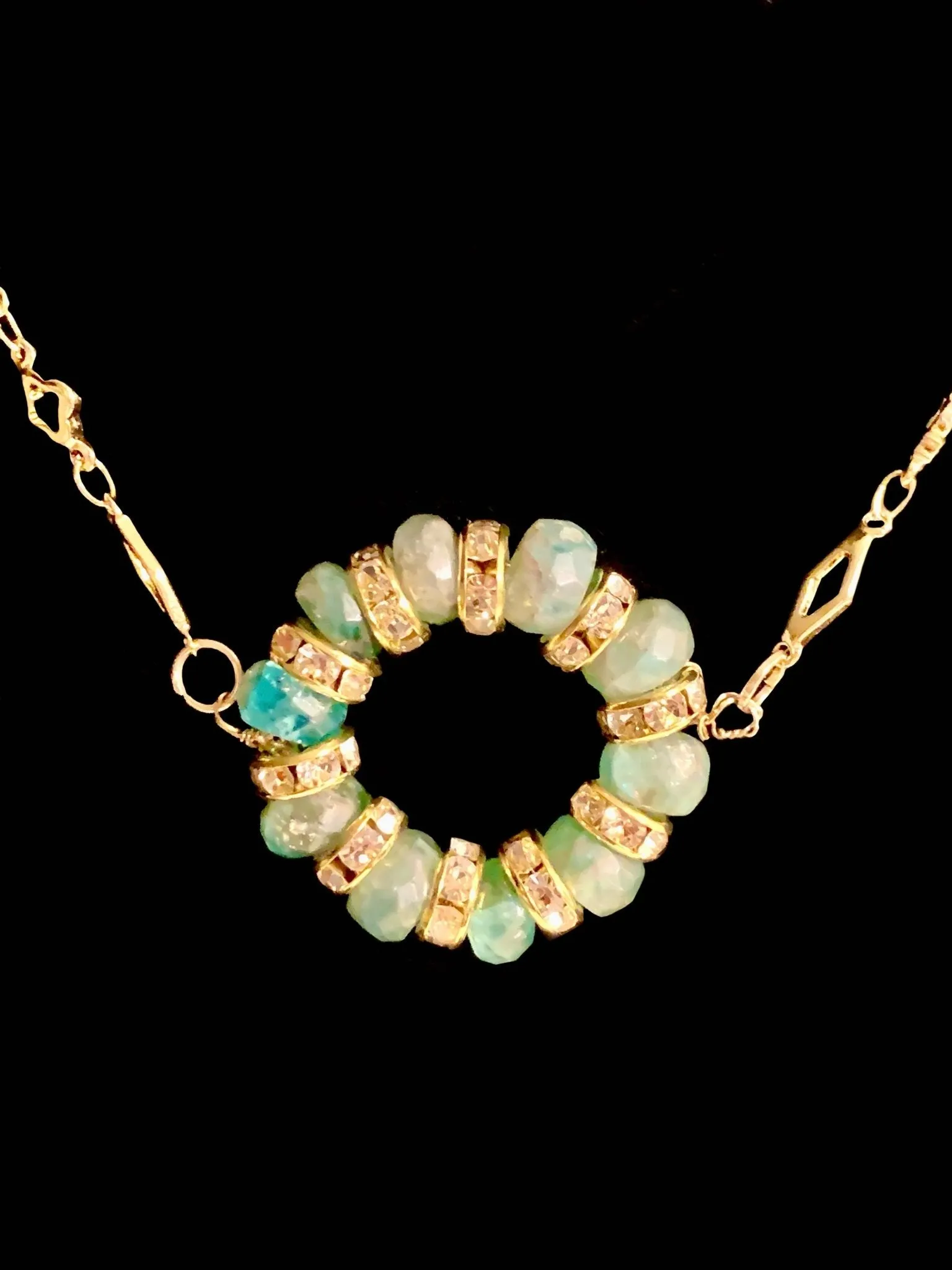 Sadiya- Handmade Genuine Amazonite Pendant on Gold Plated Moroccan Pattern Chain