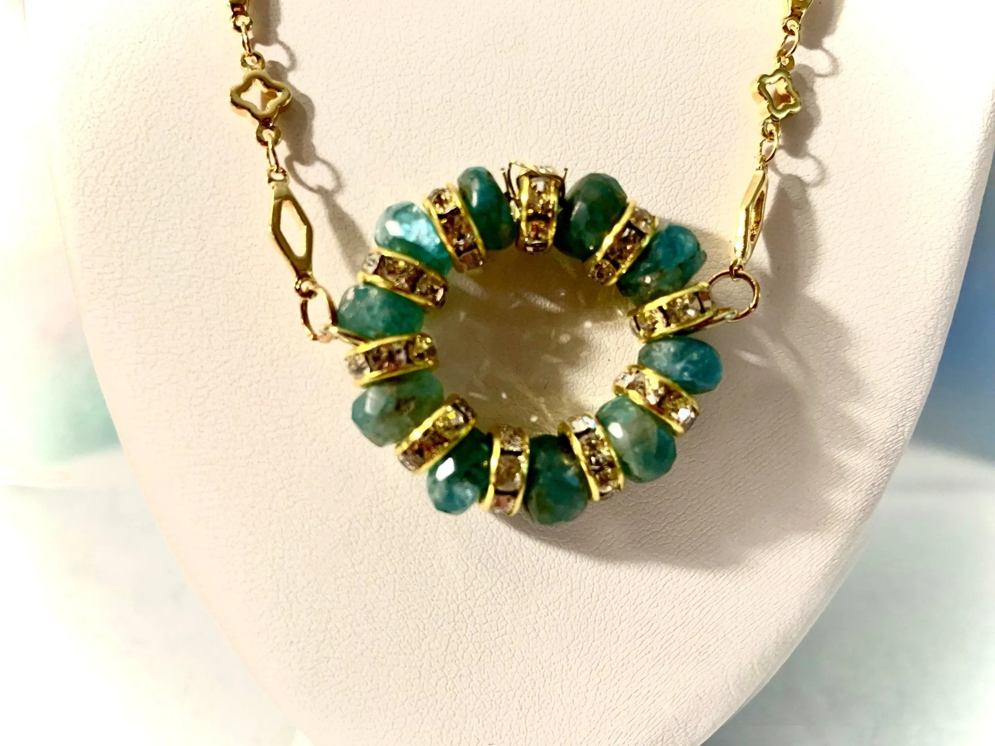 Sadiya- Handmade Genuine Amazonite Pendant on Gold Plated Moroccan Pattern Chain