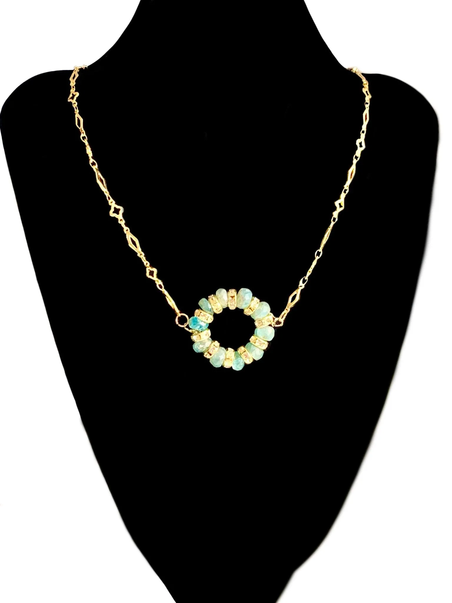 Sadiya- Handmade Genuine Amazonite Pendant on Gold Plated Moroccan Pattern Chain