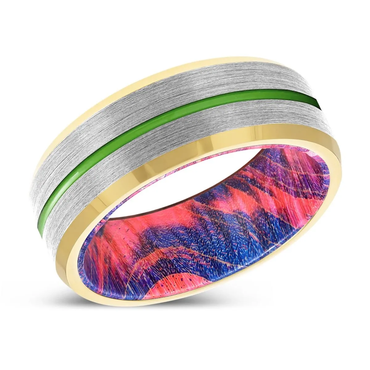 SAVINO | Blue & Red Wood, Silver Tungsten Ring, Green Groove, Gold Beveled Edge