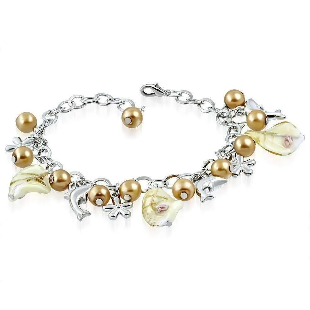 Sea Glass Dolphin Charm and Bead Bracelet ~ Three Colors to Choose