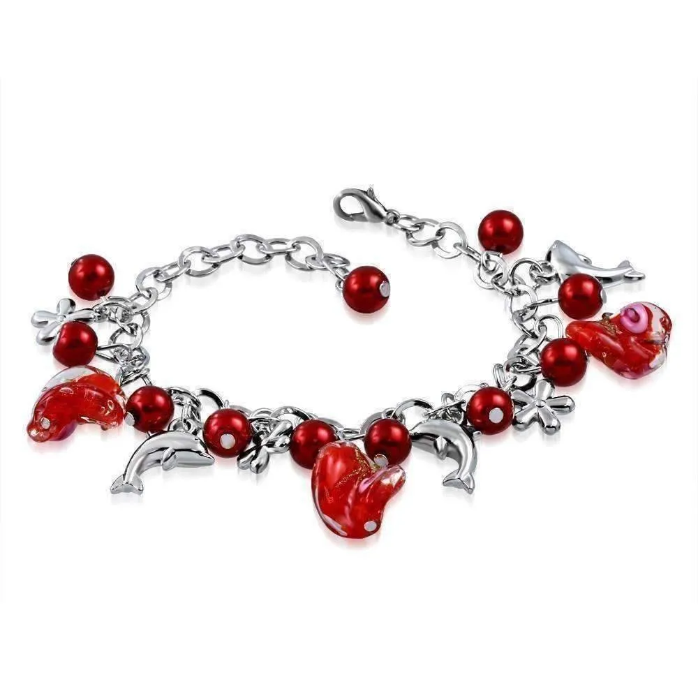 Sea Glass Dolphin Charm and Bead Bracelet ~ Three Colors to Choose